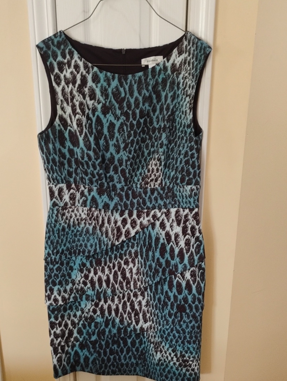 dressbarn Teal, Black and White Sleeveless Animal-Print Sheath Dress